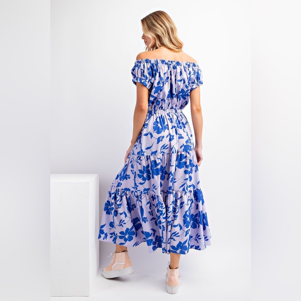 NEW Easel Floral Print Off Shoulder Challis Maxi Dress Sz S Tie Waist Sundress - Picture 3 of 10